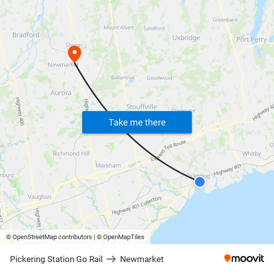 Pickering Station Go Rail to Newmarket map