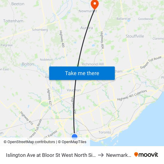 Islington Ave at Bloor St West North Side to Newmarket map