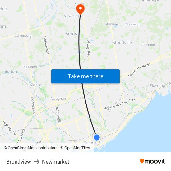 Broadview to Newmarket map