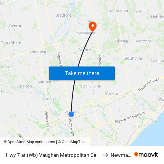 Hwy 7 at (Wb) Vaughan Metropolitan Centre Station to Newmarket map