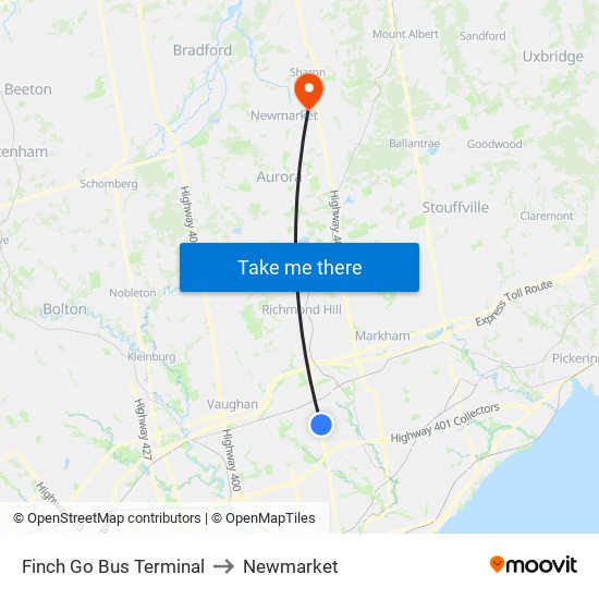 Finch Go Bus Terminal to Newmarket map