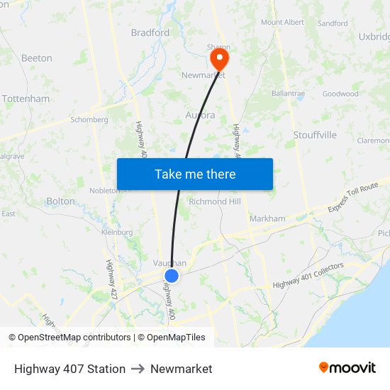 Highway 407 Station to Newmarket map