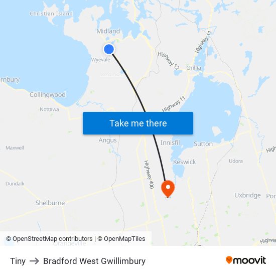 Tiny to Bradford West Gwillimbury map