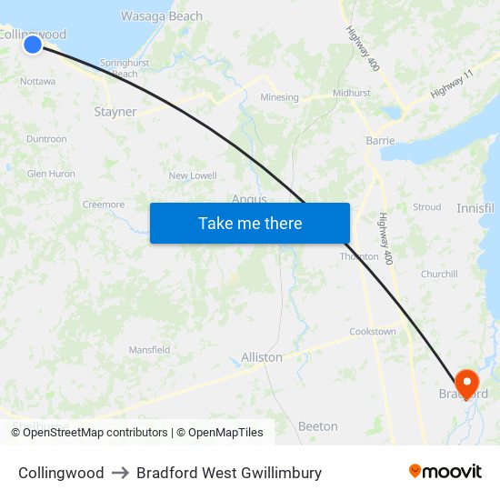 Collingwood to Bradford West Gwillimbury map