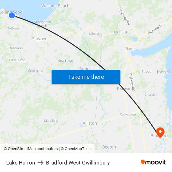 Lake Hurron to Bradford West Gwillimbury map