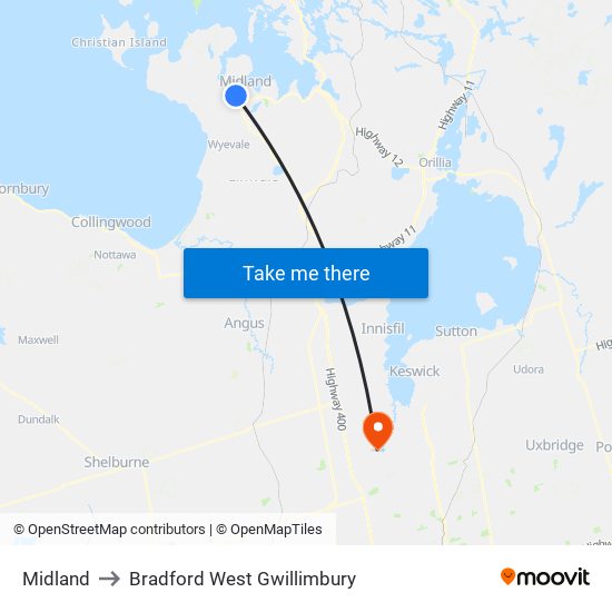 Midland to Bradford West Gwillimbury map