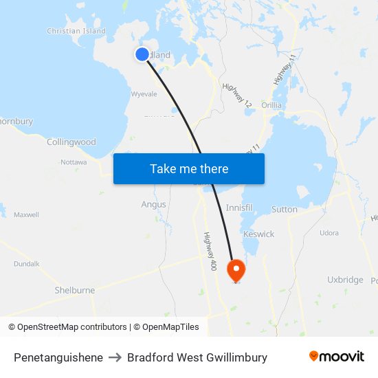 Penetanguishene to Bradford West Gwillimbury map
