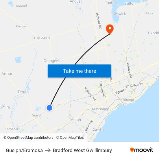 Guelph/Eramosa to Bradford West Gwillimbury map