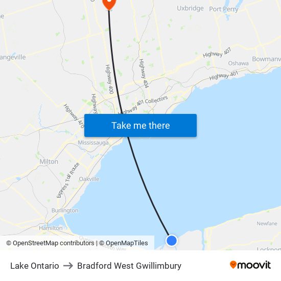 Lake Ontario to Bradford West Gwillimbury map