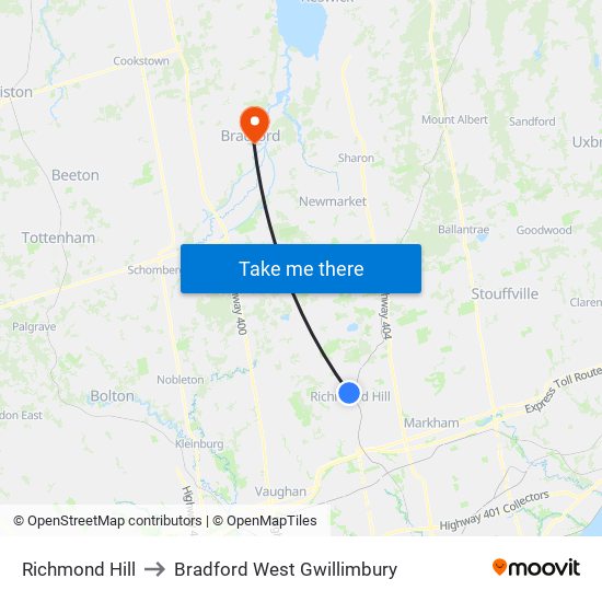 Richmond Hill to Bradford West Gwillimbury map