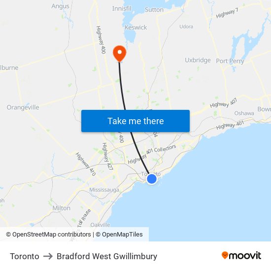 Toronto to Bradford West Gwillimbury map