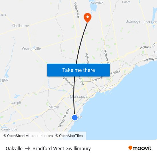 Oakville to Bradford West Gwillimbury map