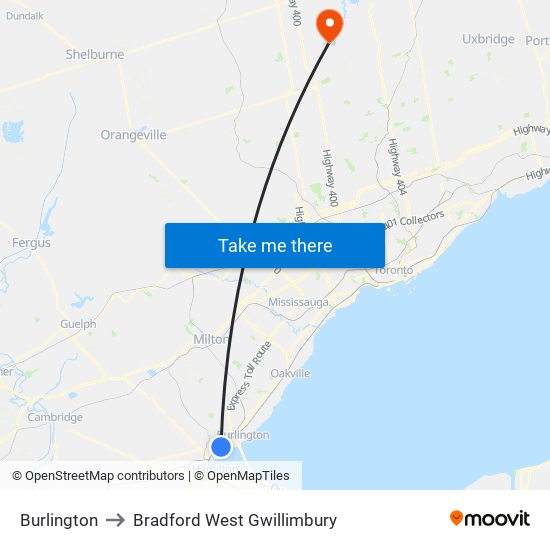 Burlington to Bradford West Gwillimbury map