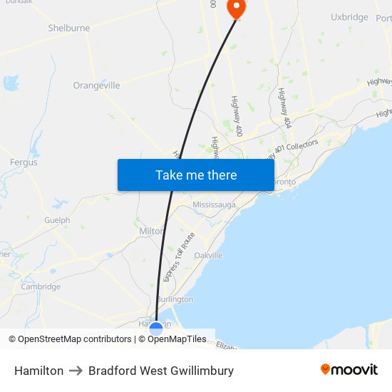 Hamilton to Bradford West Gwillimbury map