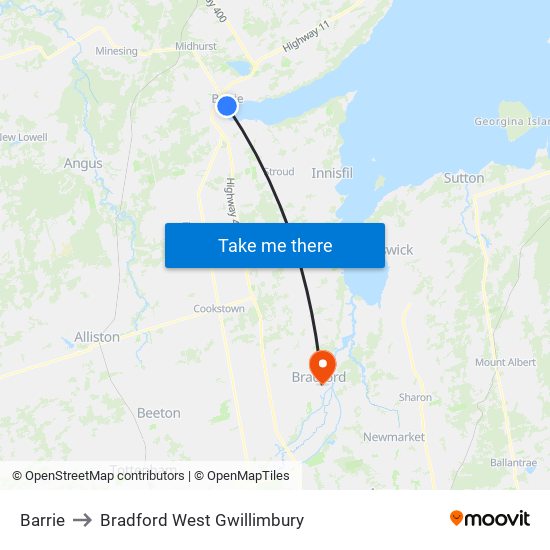 Barrie to Bradford West Gwillimbury map