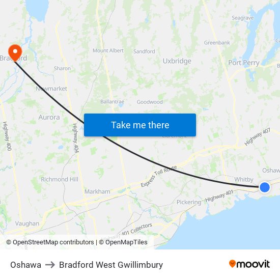 Oshawa to Bradford West Gwillimbury map