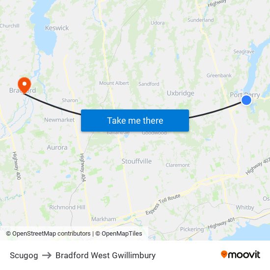 Scugog to Bradford West Gwillimbury map