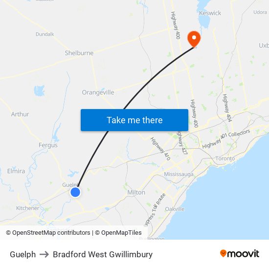 Guelph to Bradford West Gwillimbury map