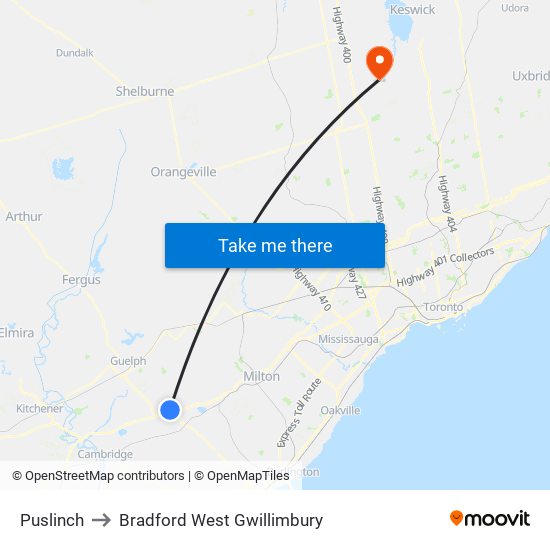 Puslinch to Bradford West Gwillimbury map