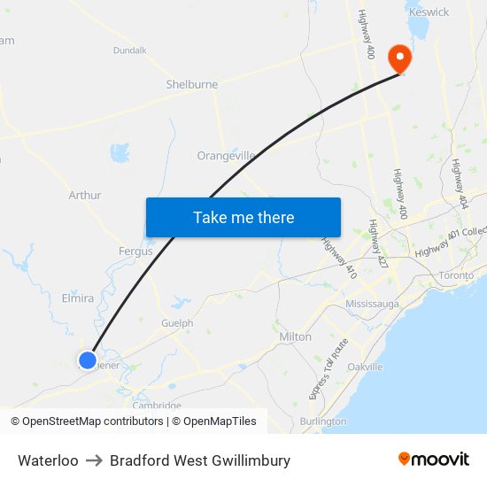 Waterloo to Bradford West Gwillimbury map