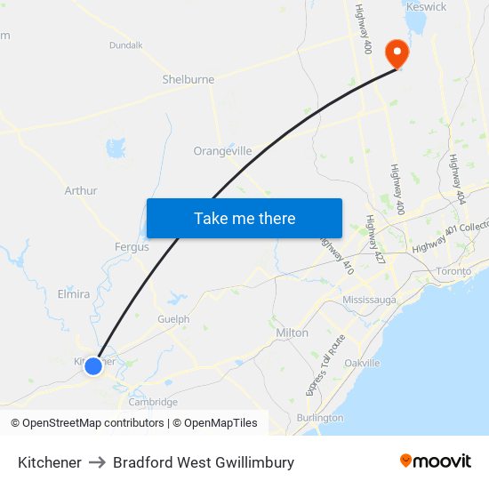 Kitchener to Bradford West Gwillimbury map