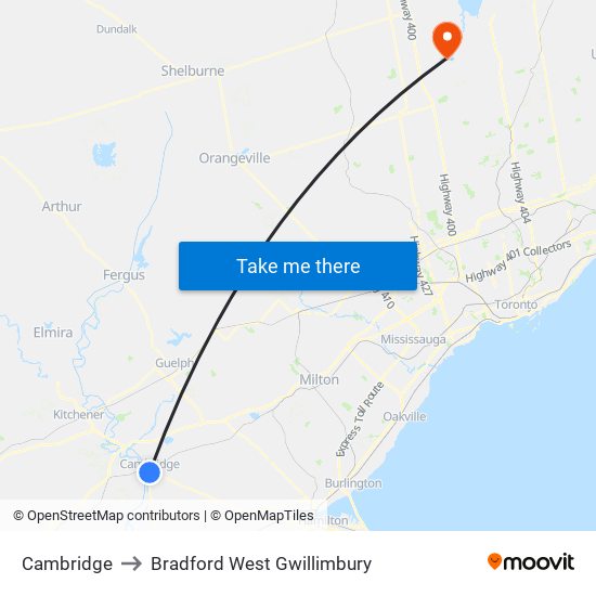 Cambridge to Bradford West Gwillimbury map