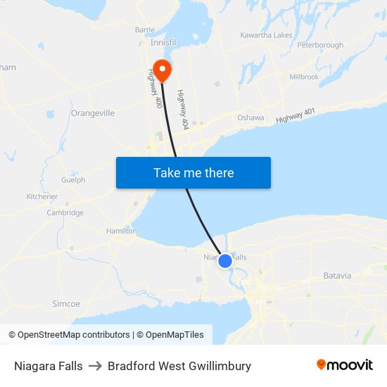 Niagara Falls to Bradford West Gwillimbury map