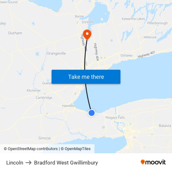 Lincoln to Bradford West Gwillimbury map