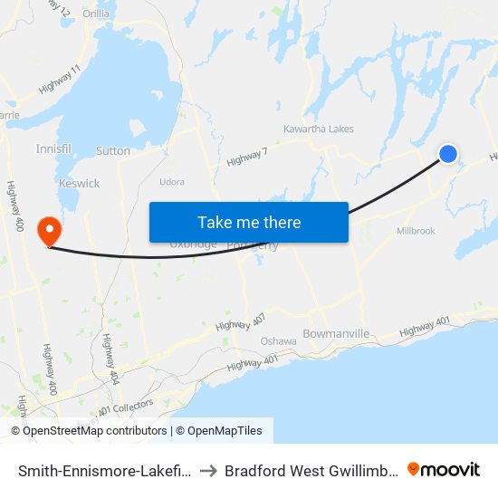 Smith-Ennismore-Lakefield to Bradford West Gwillimbury map