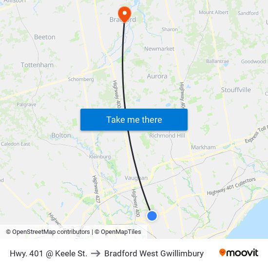 Hwy. 401 @ Keele St. to Bradford West Gwillimbury map