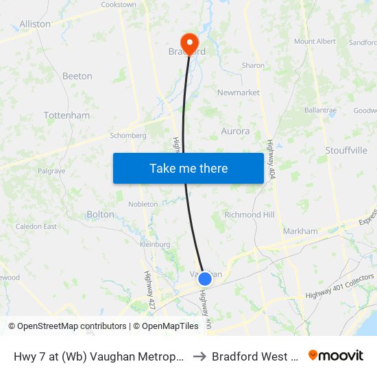 Hwy 7 at (Wb) Vaughan Metropolitan Centre Station to Bradford West Gwillimbury map