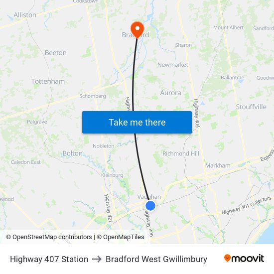 Highway 407 Station to Bradford West Gwillimbury map