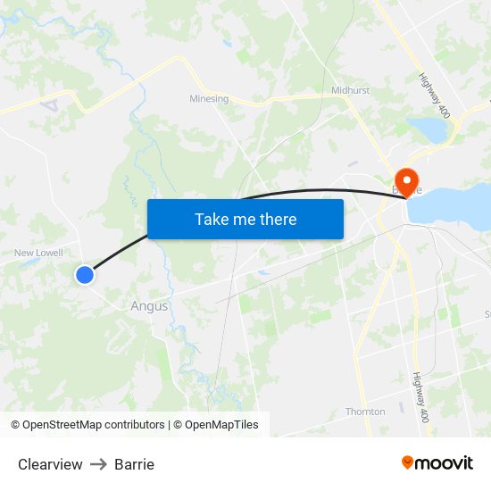 Clearview to Barrie map
