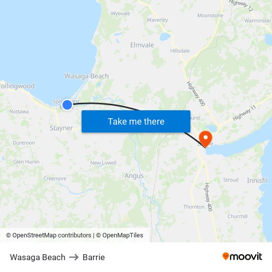 Wasaga Beach to Barrie map
