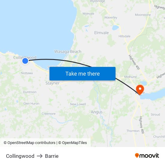 Collingwood to Barrie map