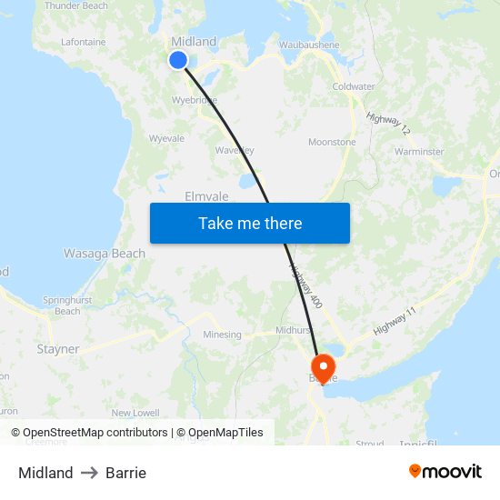 Midland to Barrie map