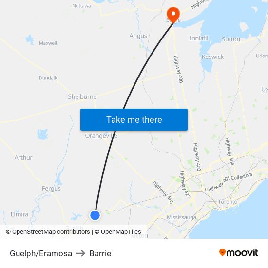 Guelph/Eramosa to Barrie map