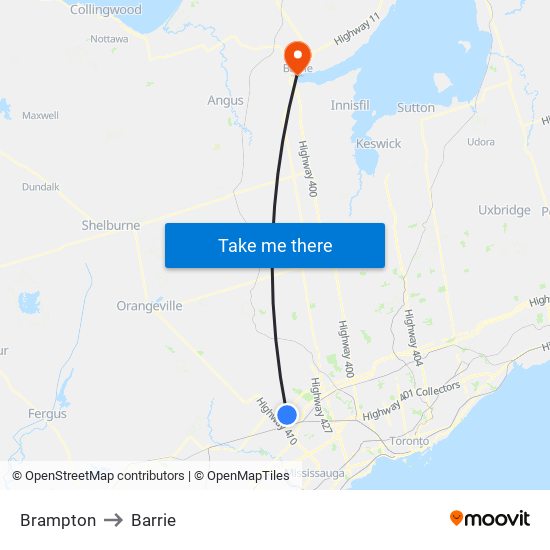 Brampton to Barrie map