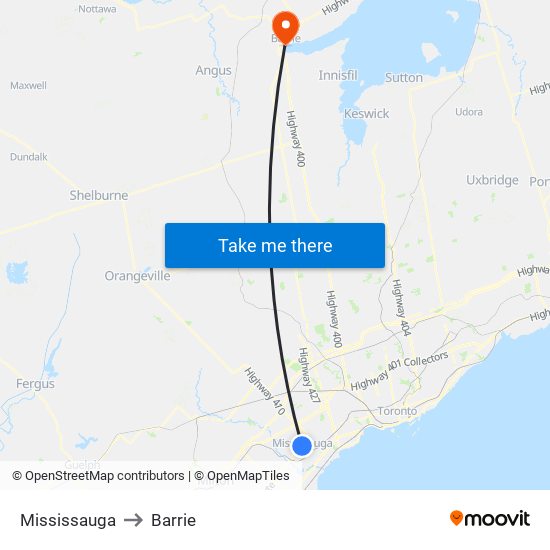 Mississauga to Barrie map