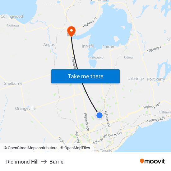 Richmond Hill to Barrie map