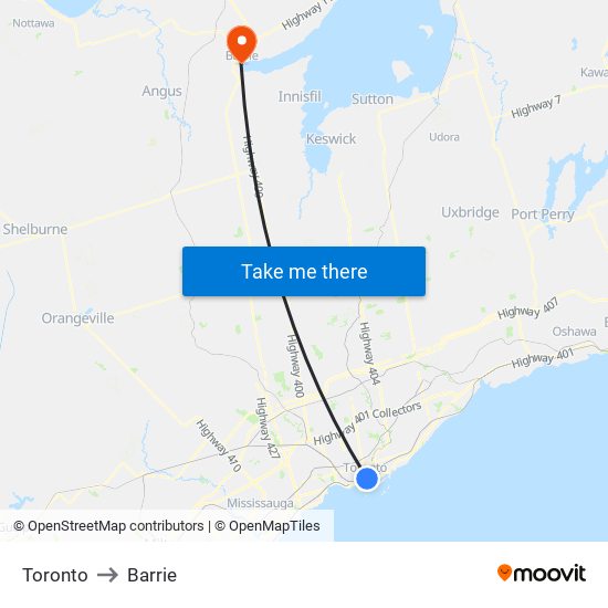 Toronto to Barrie map