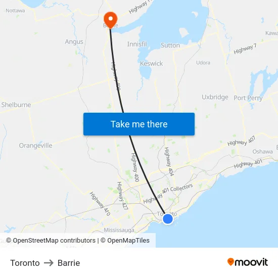 Toronto to Barrie map
