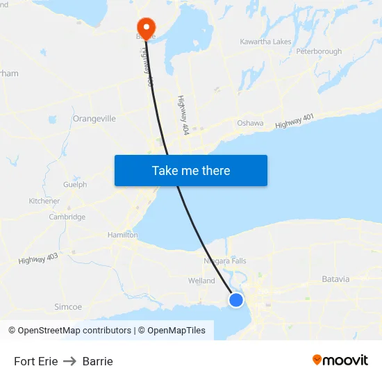 Fort Erie to Barrie map