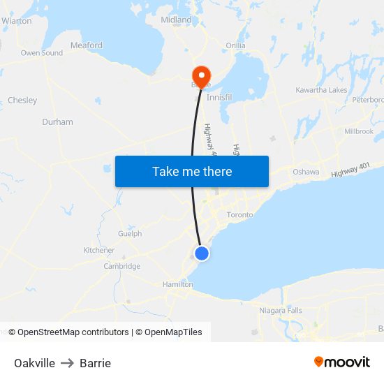 Oakville to Barrie map