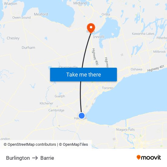 Burlington to Barrie map