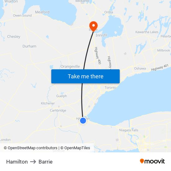 Hamilton to Barrie map