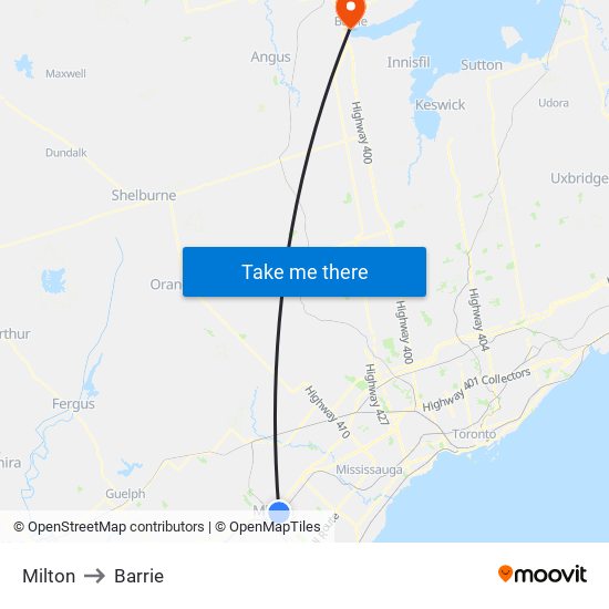 Milton to Barrie map