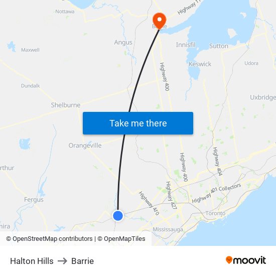 Halton Hills to Barrie map