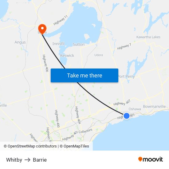 Whitby to Barrie map