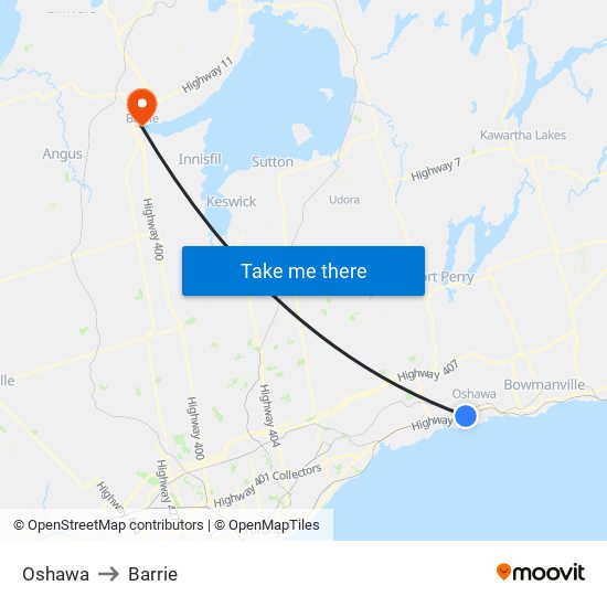 Oshawa to Barrie map